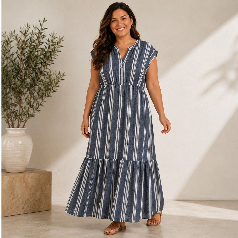 Time and Tru‎ Coastal Resort Linen Blend Stripe Tiered Midi Dress XL 16-18